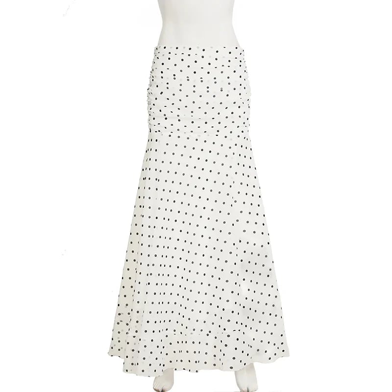 White & Black Polka Dot Floor-length Chiffon Skirt - Buy 2 items and get free shipping！