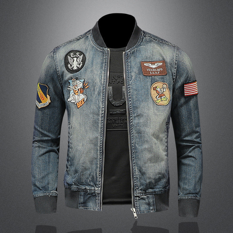 Baseball Collar Denim Jacket Men's Slim Fit Embroidered Badge Denim Jacket Tops