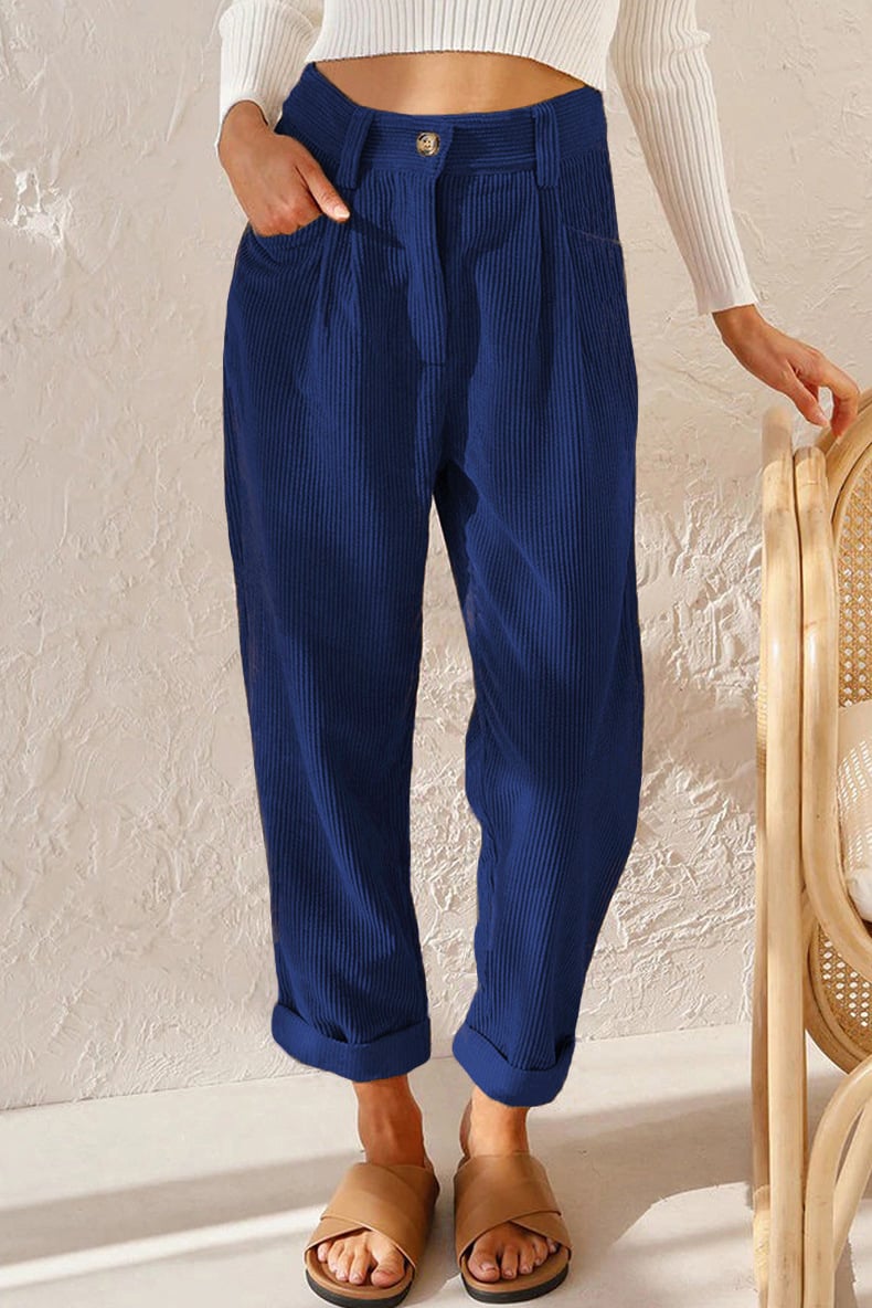 Mid Rise Button Zipper Side Pocket Corduroy Casual Pants
