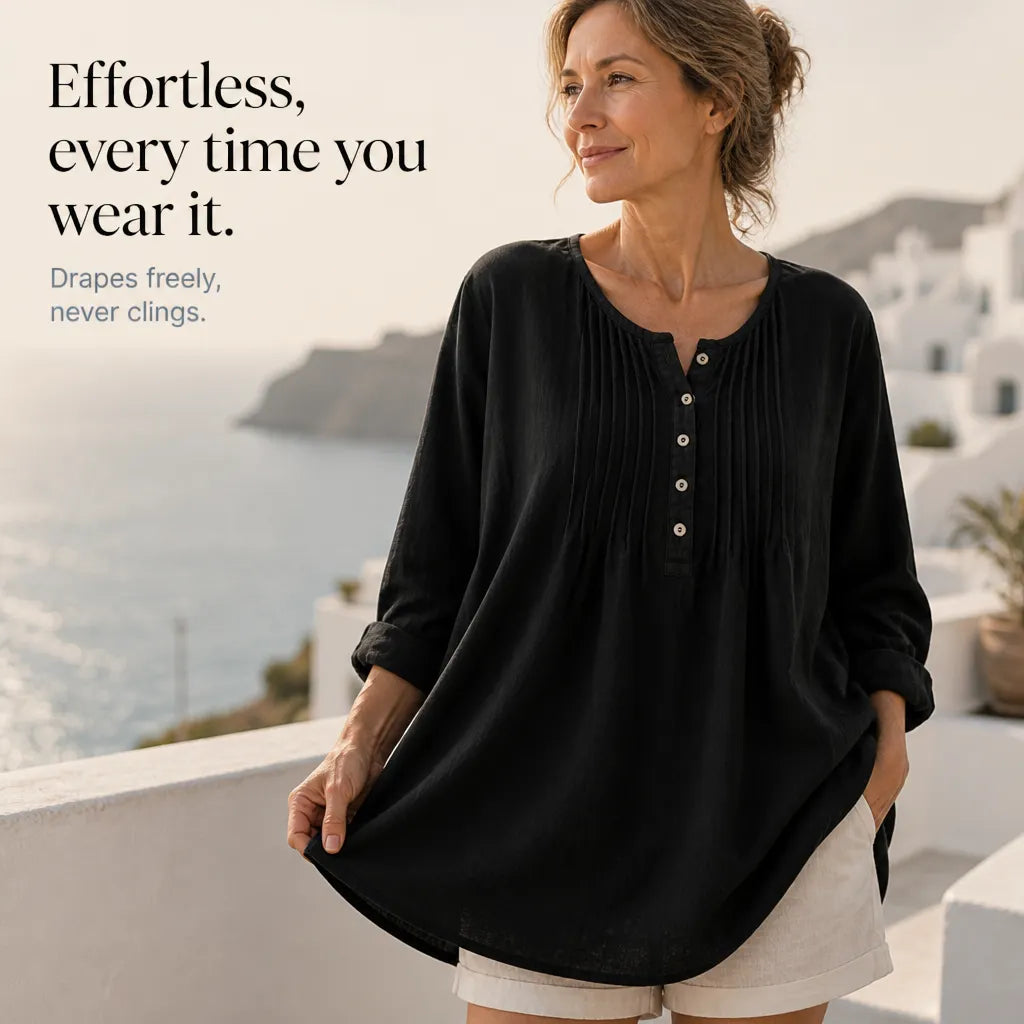 Women's pleated round neck long-sleeved plus-size shirt