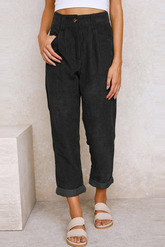 Mid Rise Button Zipper Side Pocket Corduroy Casual Pants