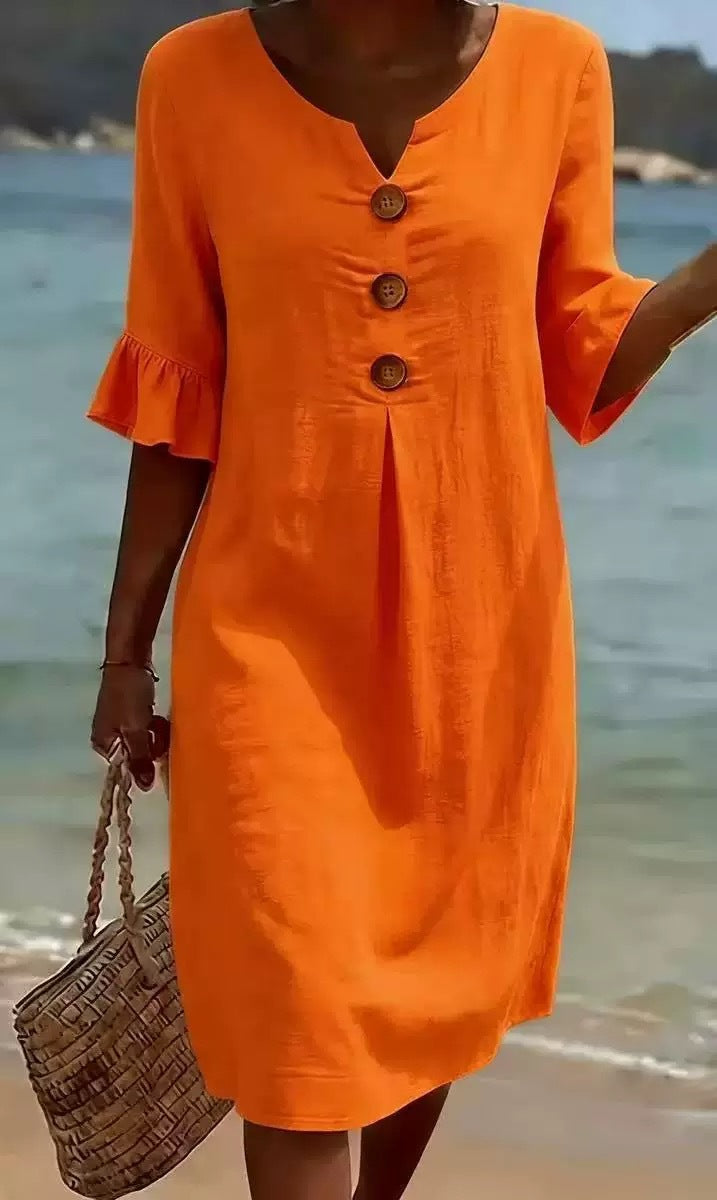 👗Women's Solid-Color Cotton Dress with Buttons and Ruffled Sleeves