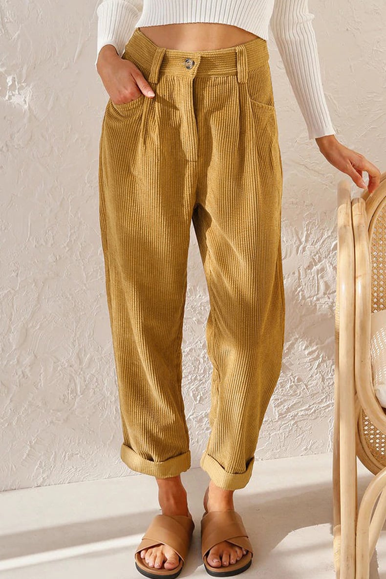 Mid Rise Button Zipper Side Pocket Corduroy Casual Pants