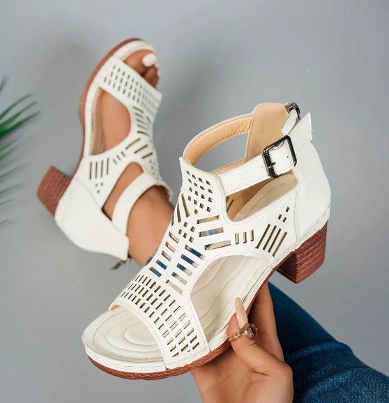 Versatile Hollow Out Mid Heel Open Toe Sandals