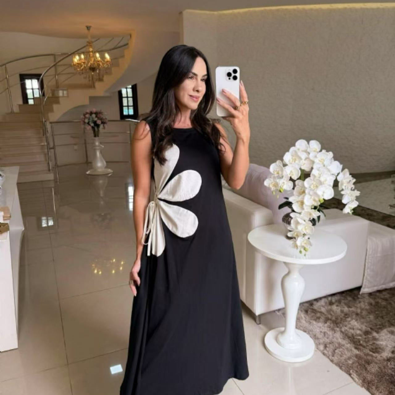 💃🌷Floral Drawstring Sleeveless Round-Neck Dress