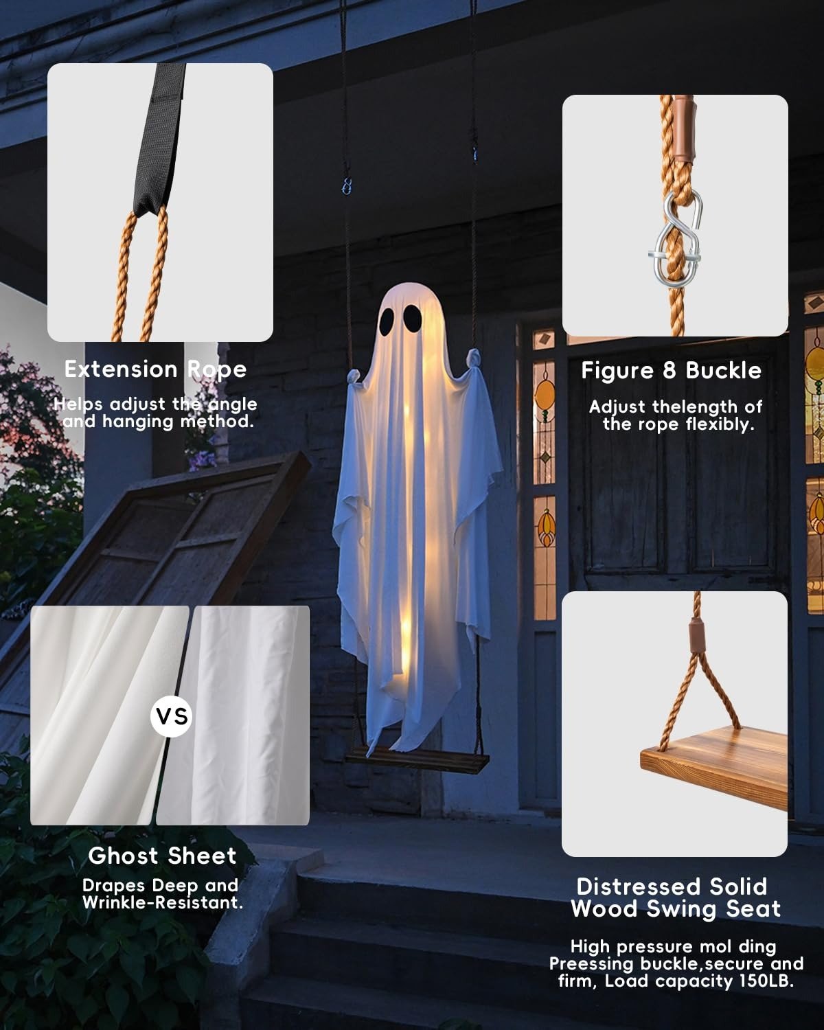 🔥Hanging Swing Ghost Halloween Decor with String Lights