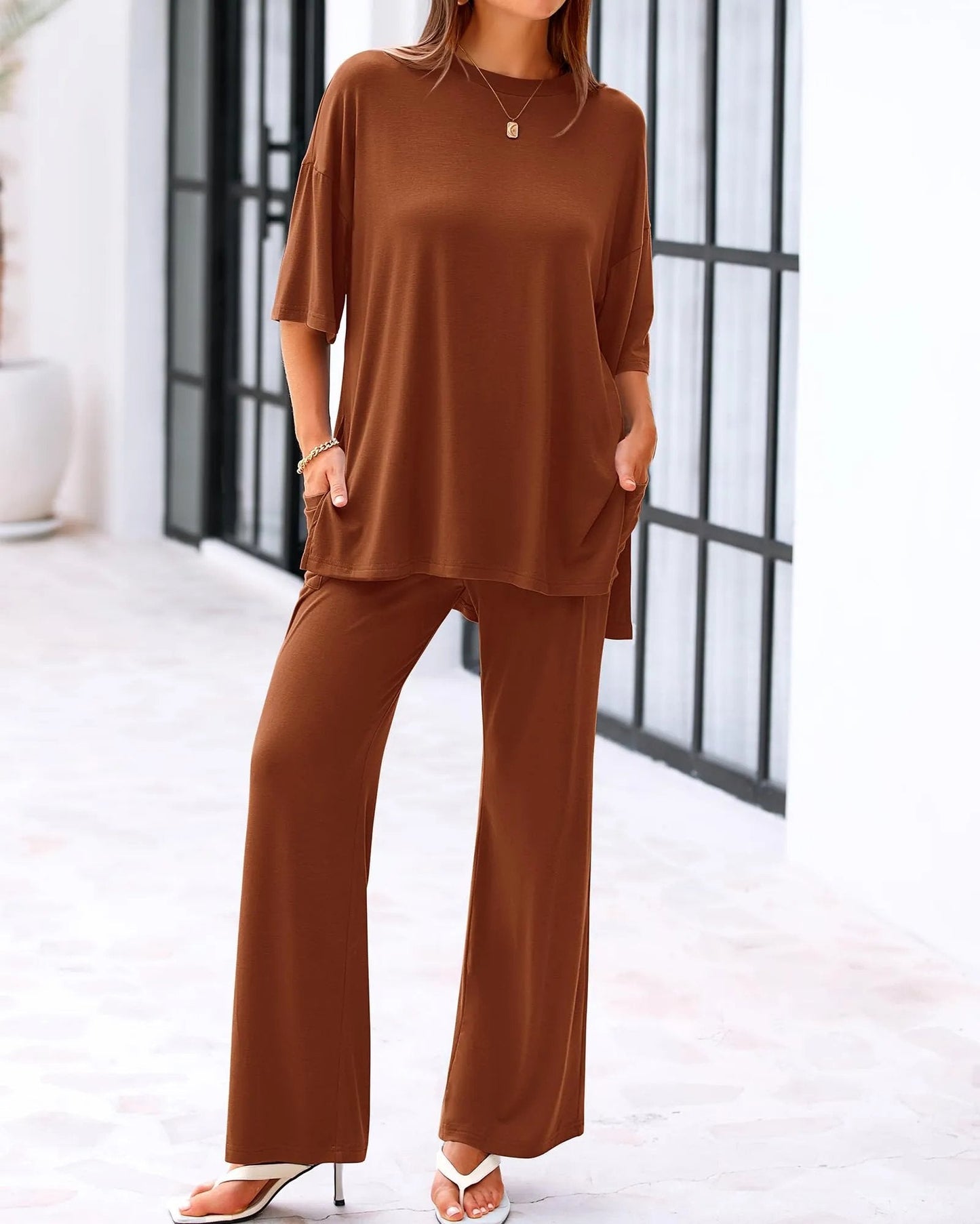 Casual 2-Piece Loose-Fit Short Sleeve Top & Wide-Leg Pants Set with Pockets