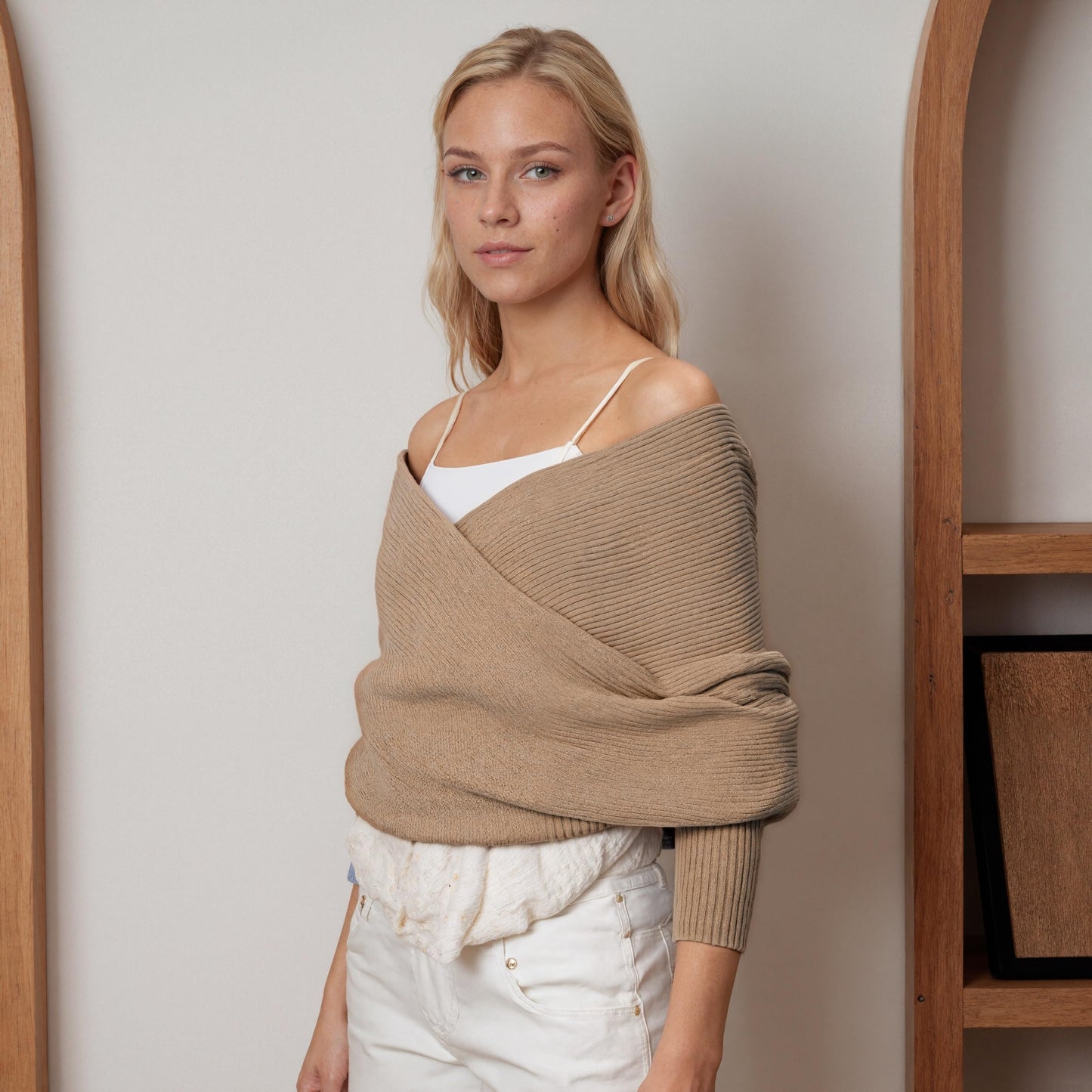 Women's Scarf with Sleeves Knit Wrap Sweater Cozy Crochet Cropped Shawl