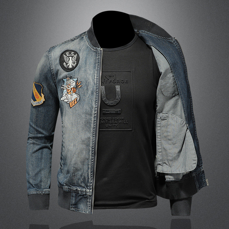 Baseball Collar Denim Jacket Men's Slim Fit Embroidered Badge Denim Jacket Tops