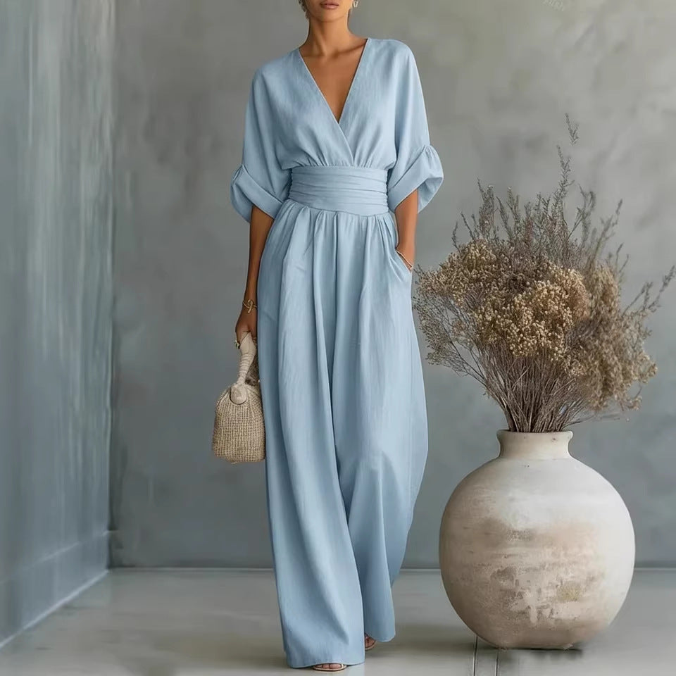 👠👠Hot sale Women's Solid-Color Elegant V-Neck Jumpsuit with Waist-Defining Fit