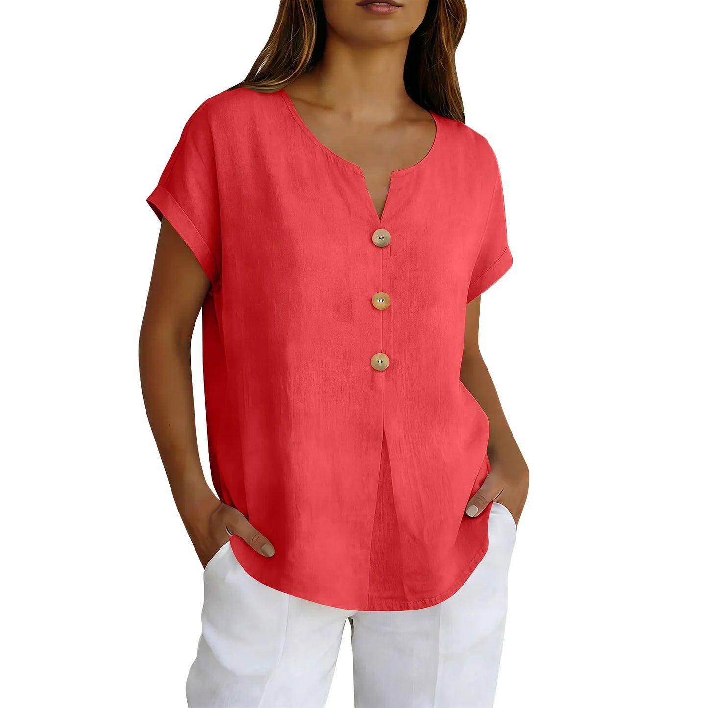 🌝Summer New Arrivals:Women's Loose V-Neck Shirt with Faux-Wood Buttons