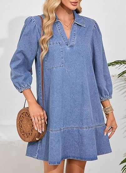 V-Neck Denim Dress-Where Comfort Meets Classic Style