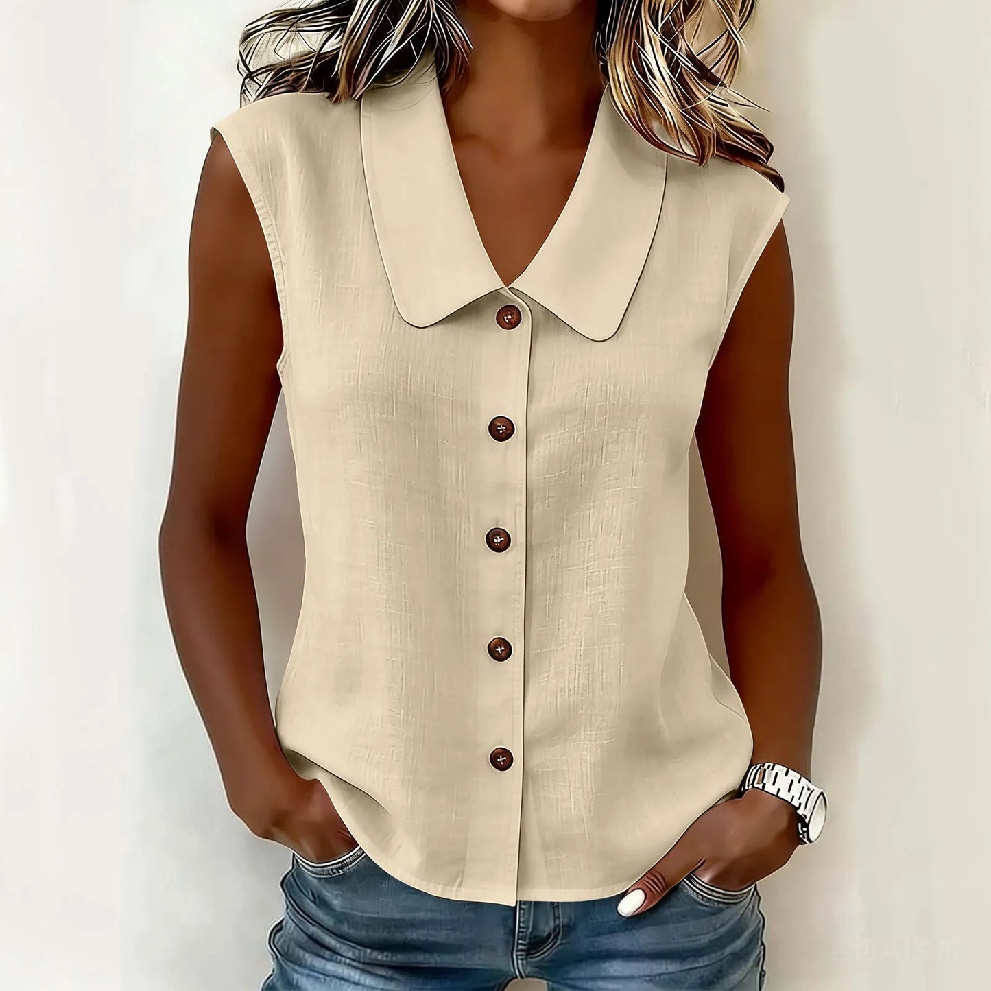 Women's Sleeveless Collared Button-Down Top