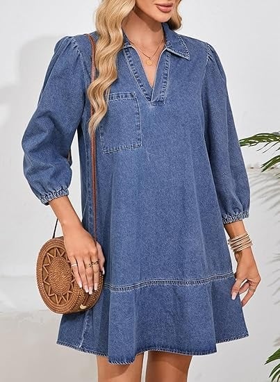 V-Neck Denim Dress-Where Comfort Meets Classic Style