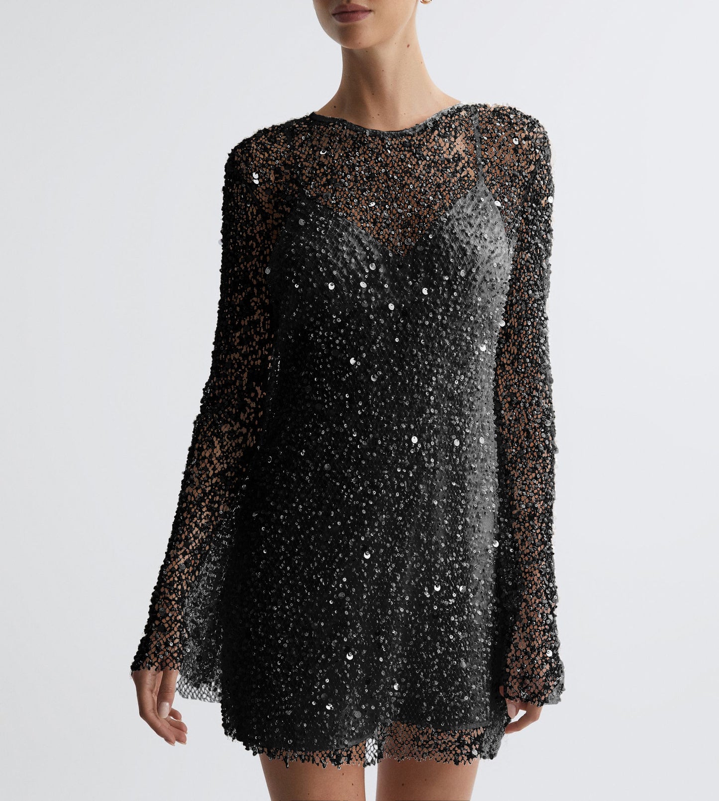 Crystal Embellished Gauze Mini Dress