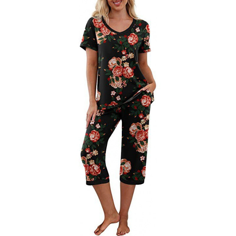 Women's Printed Short Sleeve Top With Capri Pants Lounge & Sleepwear Set