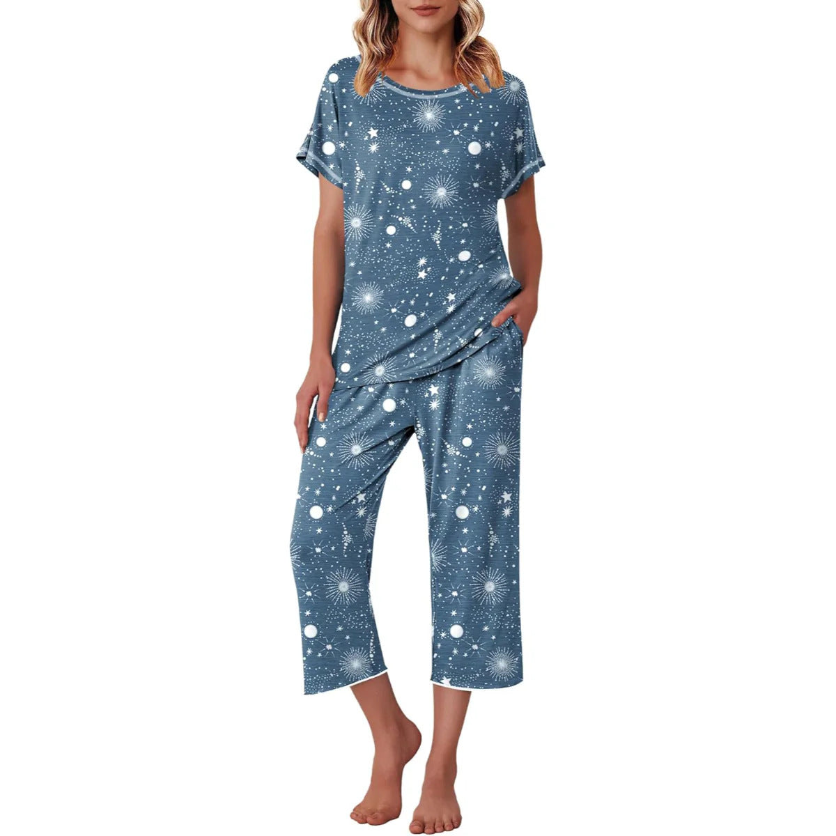 Women's Printed Short Sleeve Top With Capri Pants Lounge & Sleepwear Set