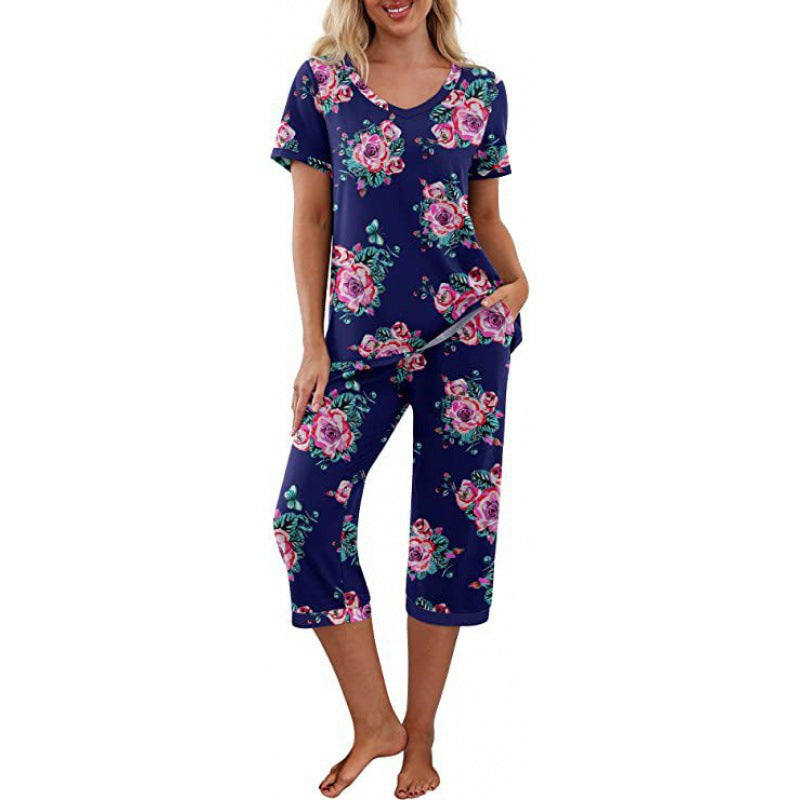 Women's Printed Short Sleeve Top With Capri Pants Lounge & Sleepwear Set