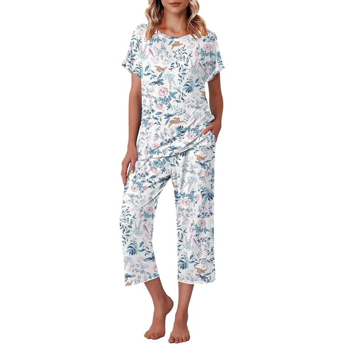 Women's Printed Short Sleeve Top With Capri Pants Lounge & Sleepwear Set