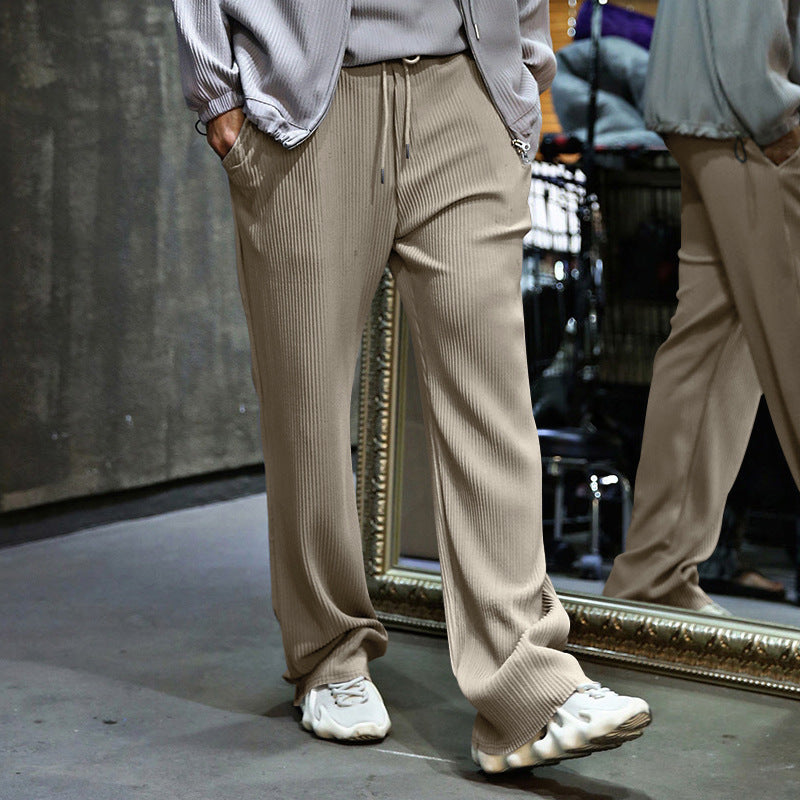 Fashion Men's Drawstring Pants Mid Waist Straight Leg Long Pants