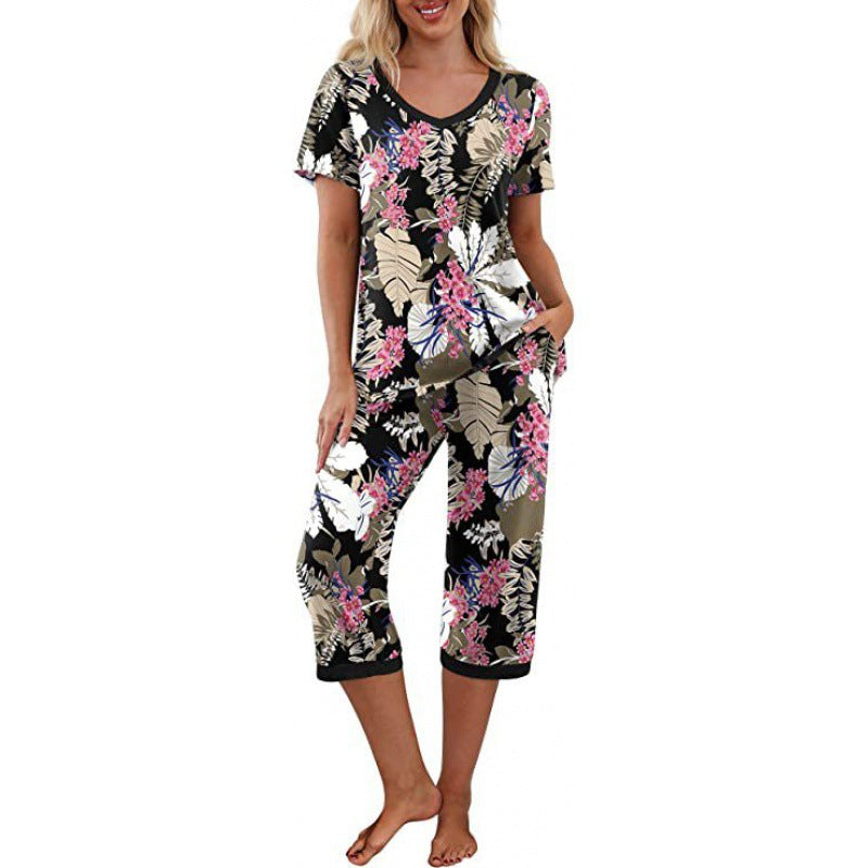 Women's Printed Short Sleeve Top With Capri Pants Lounge & Sleepwear Set