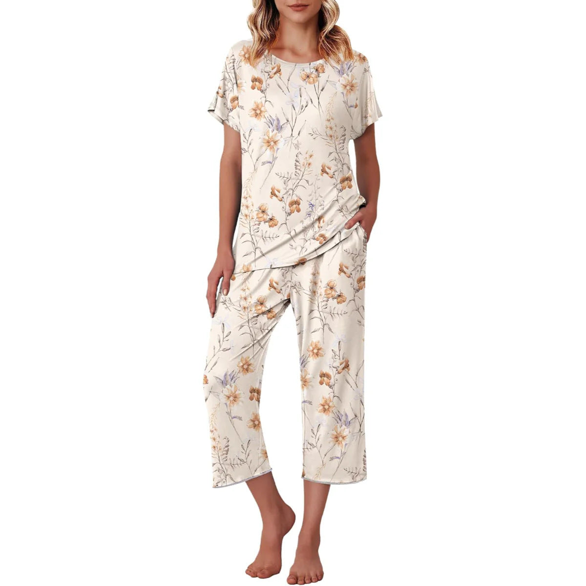 Women's Printed Short Sleeve Top With Capri Pants Lounge & Sleepwear Set