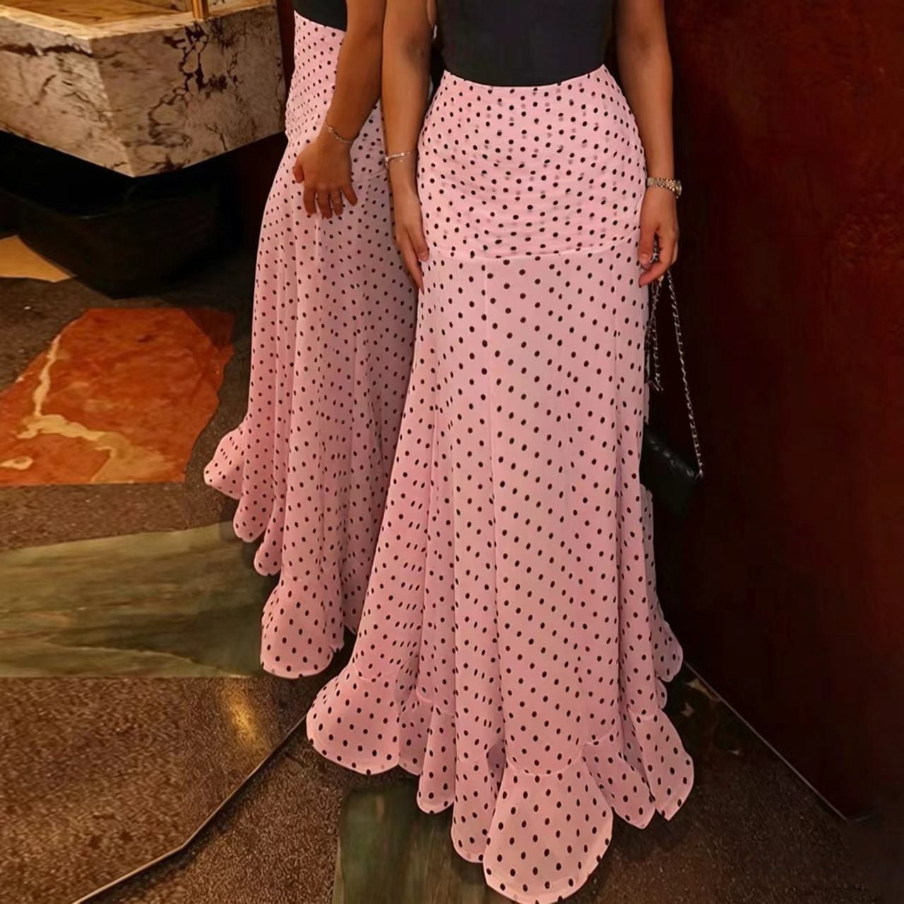 White & Black Polka Dot Floor-length Chiffon Skirt - Buy 2 items and get free shipping！