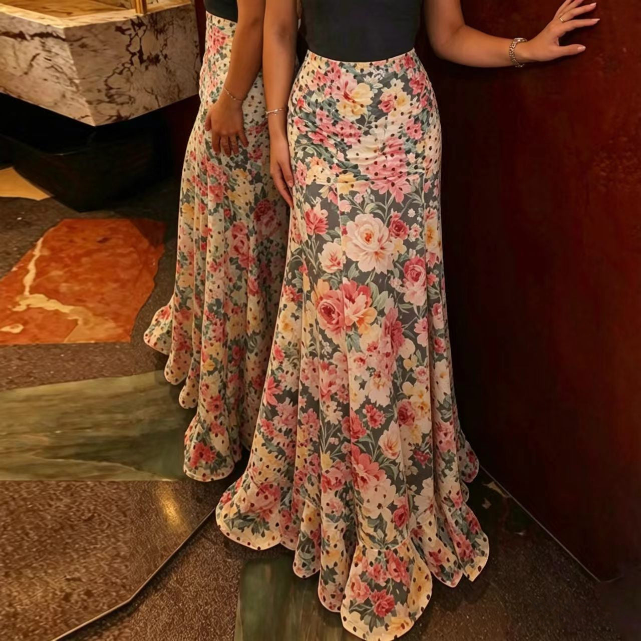 White & Black Polka Dot Floor-length Chiffon Skirt - Buy 2 items and get free shipping！