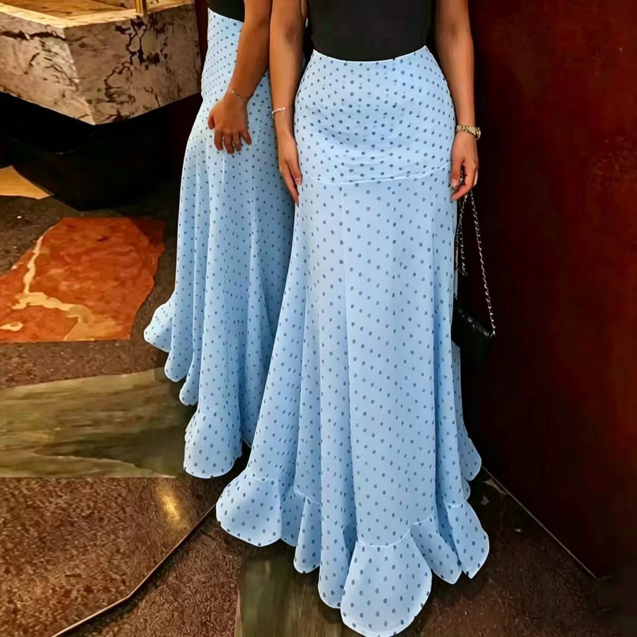 White & Black Polka Dot Floor-length Chiffon Skirt - Buy 2 items and get free shipping！