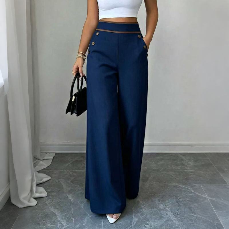 👖High-Waisted Wide-Leg Casual Pants with Contrast-Color Buttons and Pockets
