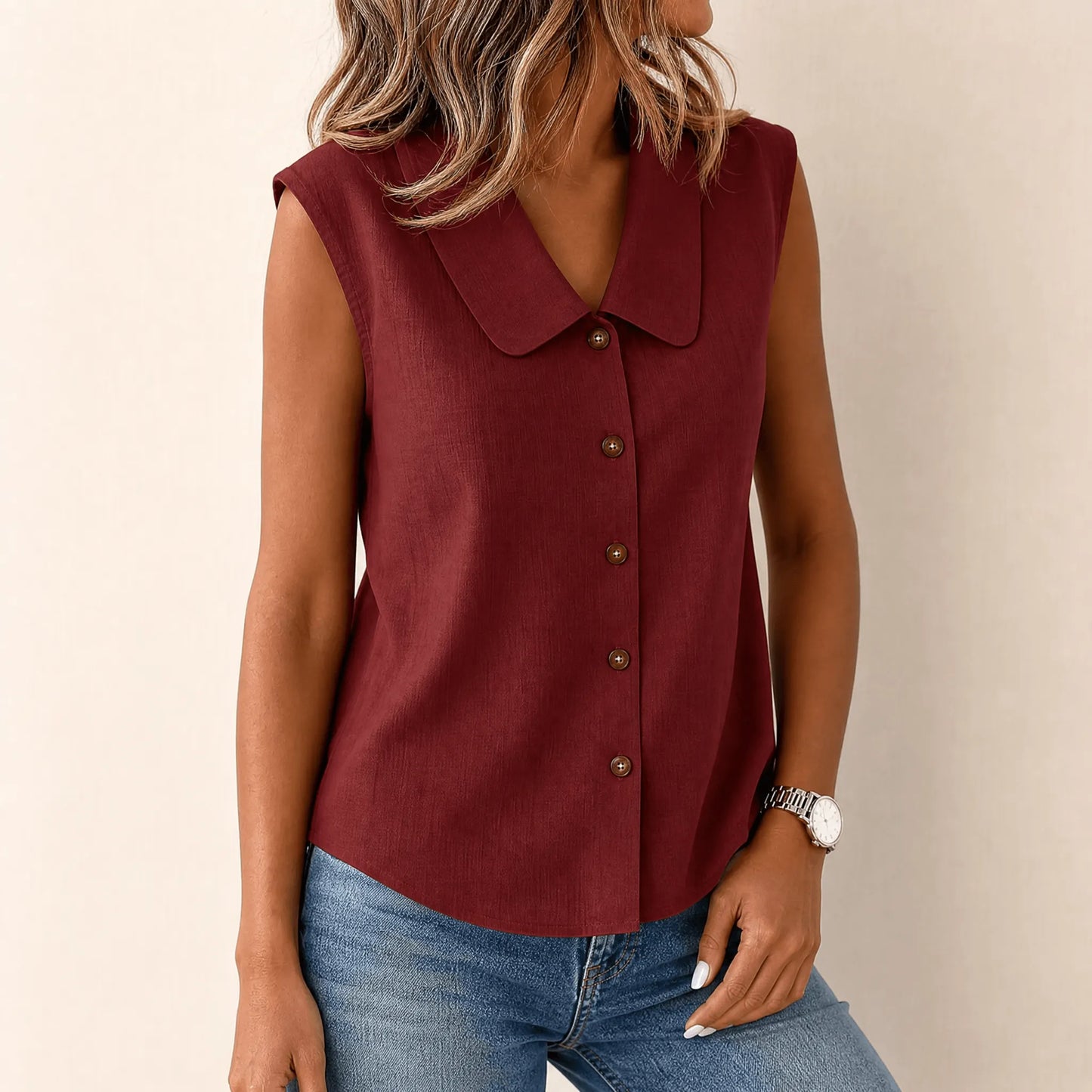 Women's Sleeveless Collared Button-Down Top