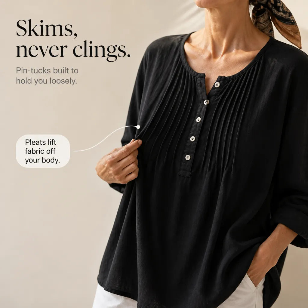 Women's pleated round neck long-sleeved plus-size shirt