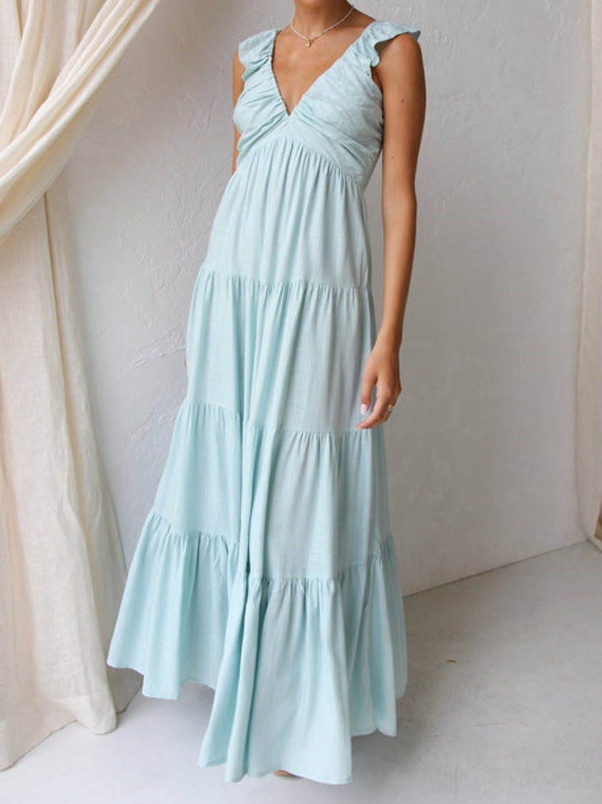 Ruffled Flying Sleeves Smocked Back Tiered Vacation Maxi Dress