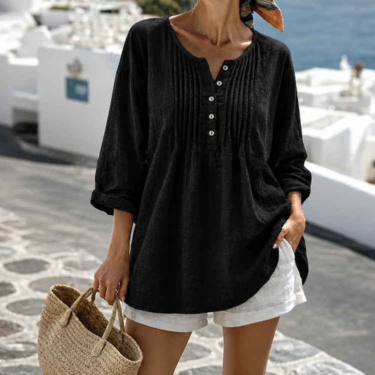 Women's pleated round neck long-sleeved plus-size shirt