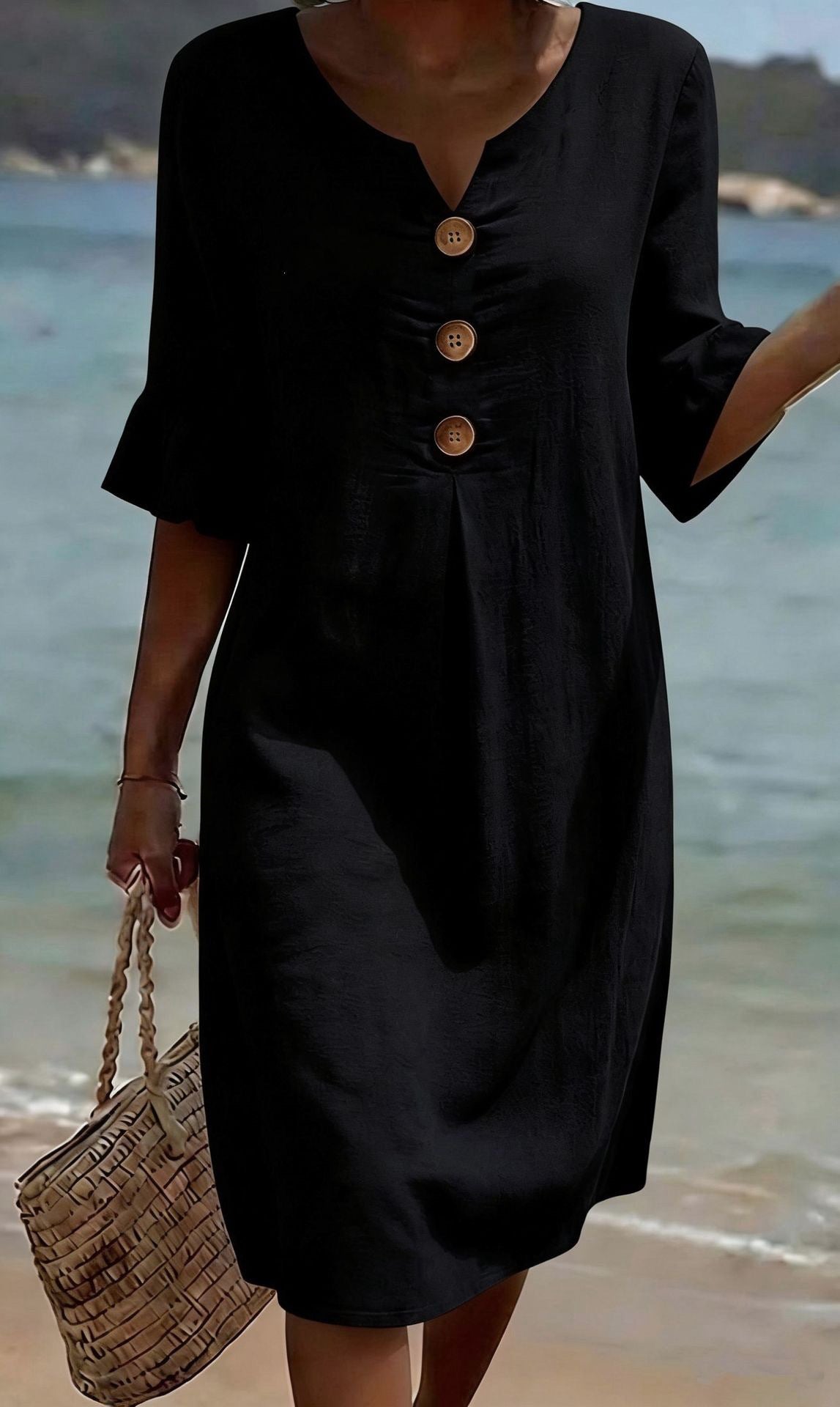 👗Women's Solid-Color Cotton Dress with Buttons and Ruffled Sleeves