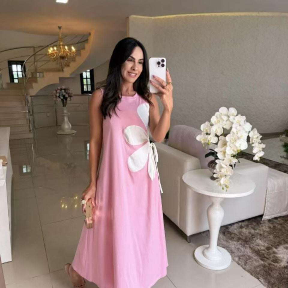 💃🌷Floral Drawstring Sleeveless Round-Neck Dress