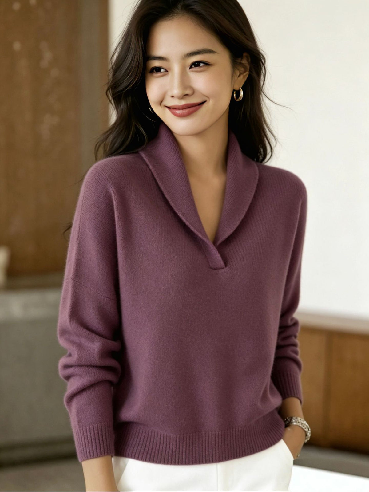 Women's Long-Sleeve V-Neck Knit Pullover