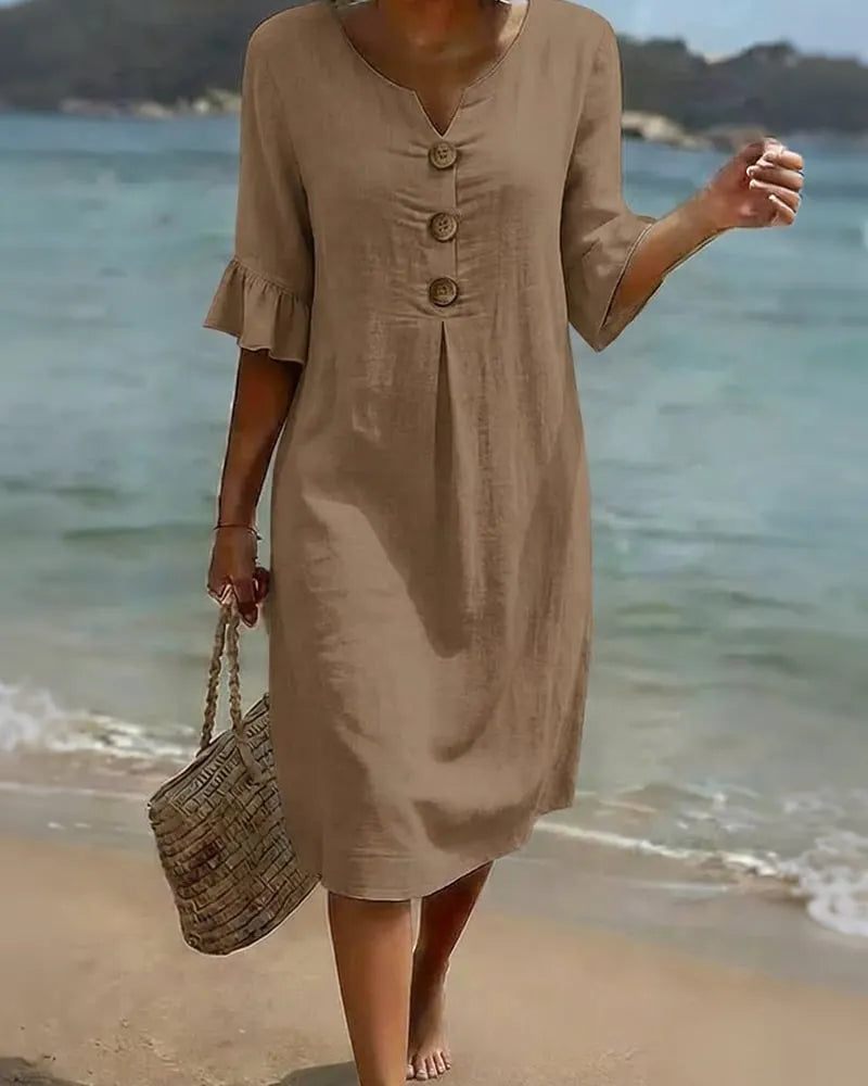 👗Women's Solid-Color Cotton Dress with Buttons and Ruffled Sleeves