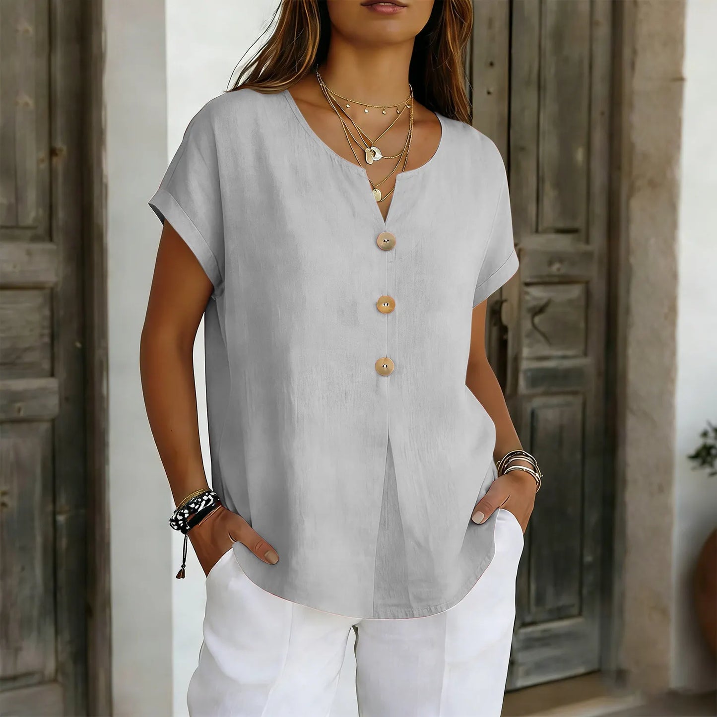 🌝Summer New Arrivals:Women's Loose V-Neck Shirt with Faux-Wood Buttons