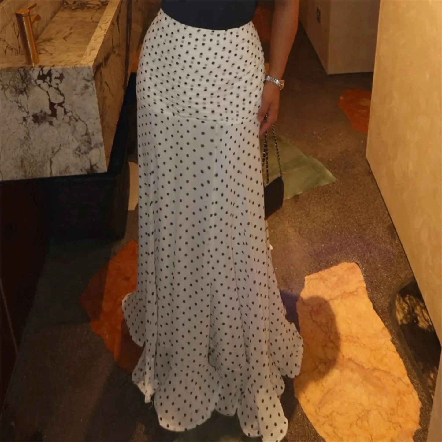 White & Black Polka Dot Floor-length Chiffon Skirt - Buy 2 items and get free shipping！