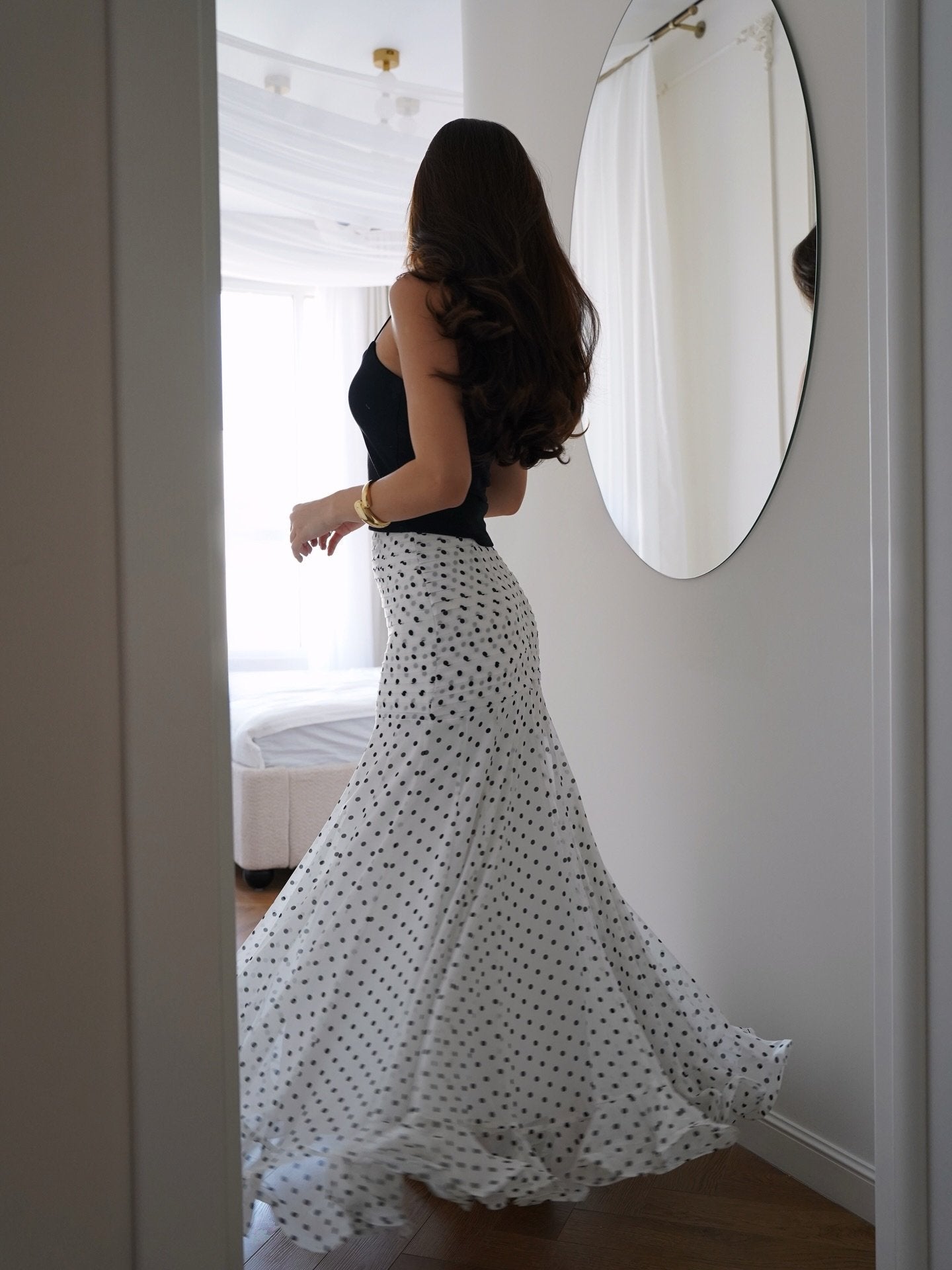 White & Black Polka Dot Floor-length Chiffon Skirt - Buy 2 items and get free shipping！