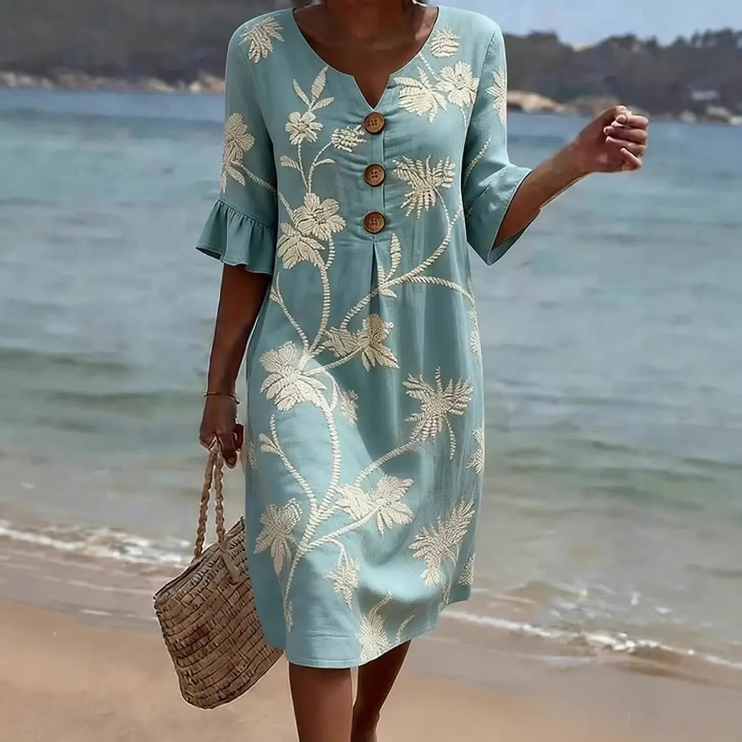 💃Women's Printed V-Neck Button-Up Midi Dress - A Perfect Vacation Outfit