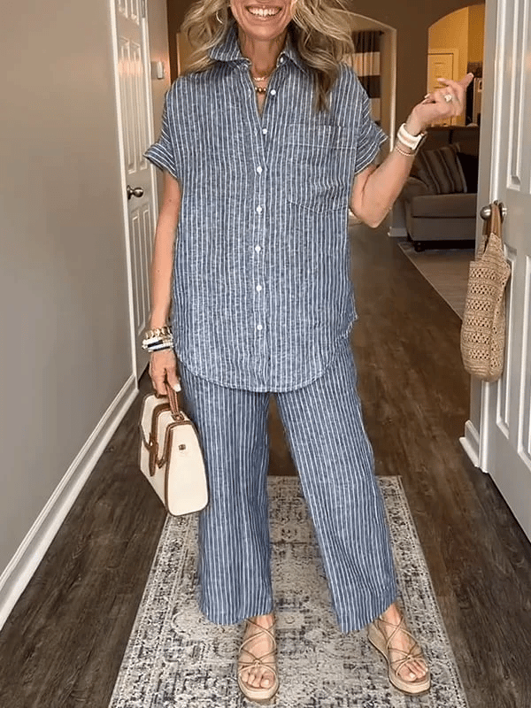 NEW💥 Classic striped linen cotton shirt set with pockets