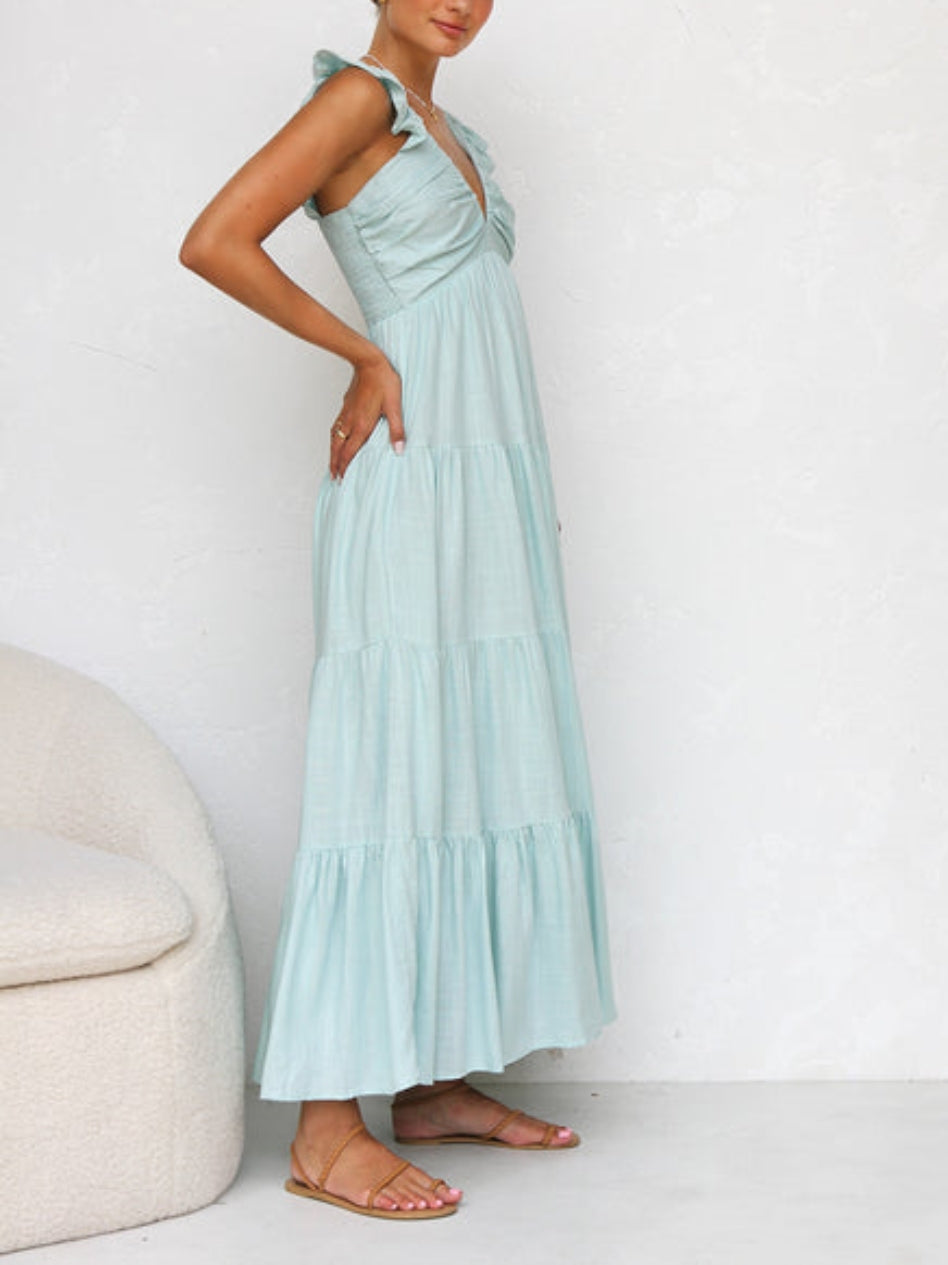 Ruffled Flying Sleeves Smocked Back Tiered Vacation Maxi Dress