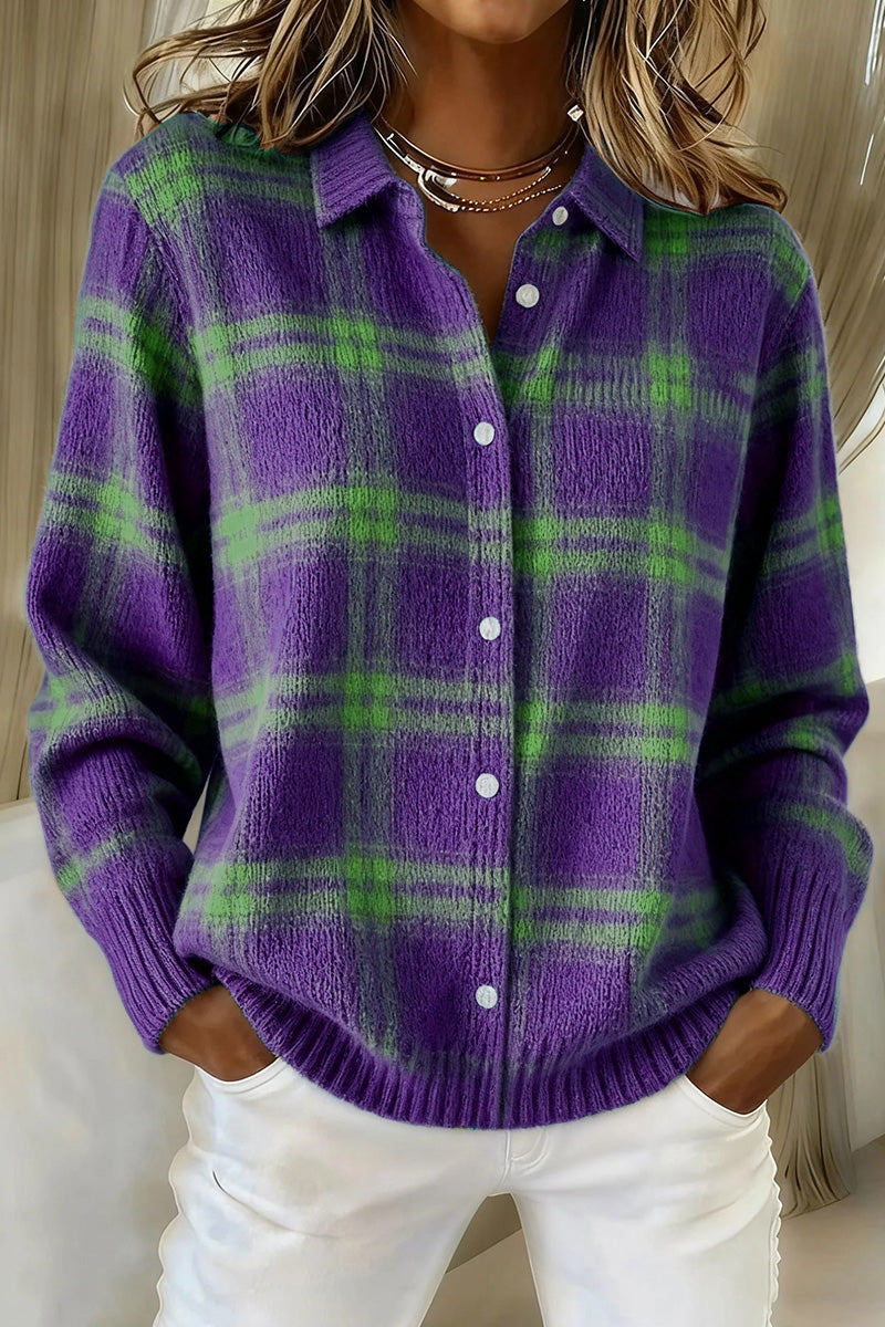 Women's Plaid Print Casual Cotton Buttoned Cardigan Sweater