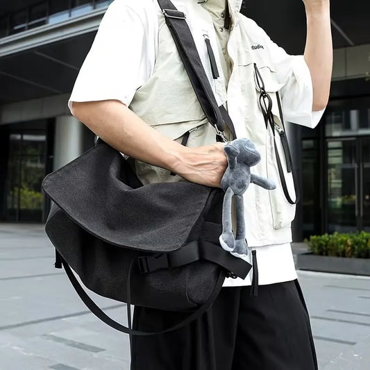 Men's Plain Canvas Crossbody Bag with Frog
