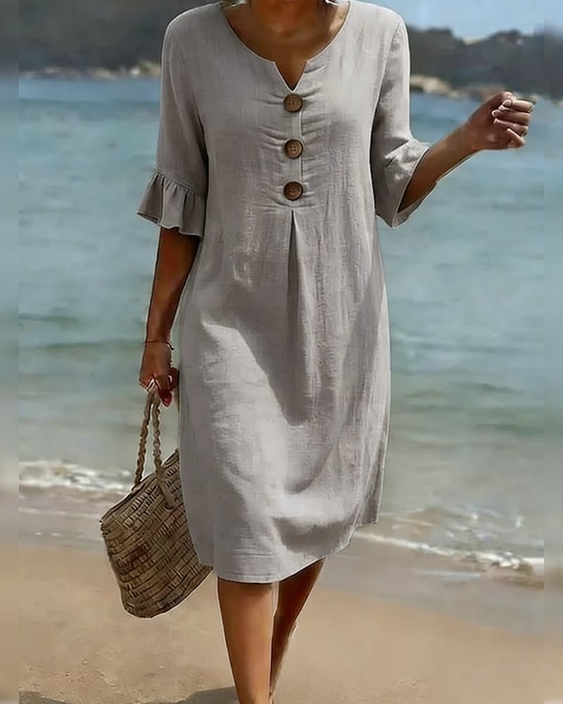👗Women's Solid-Color Cotton Dress with Buttons and Ruffled Sleeves