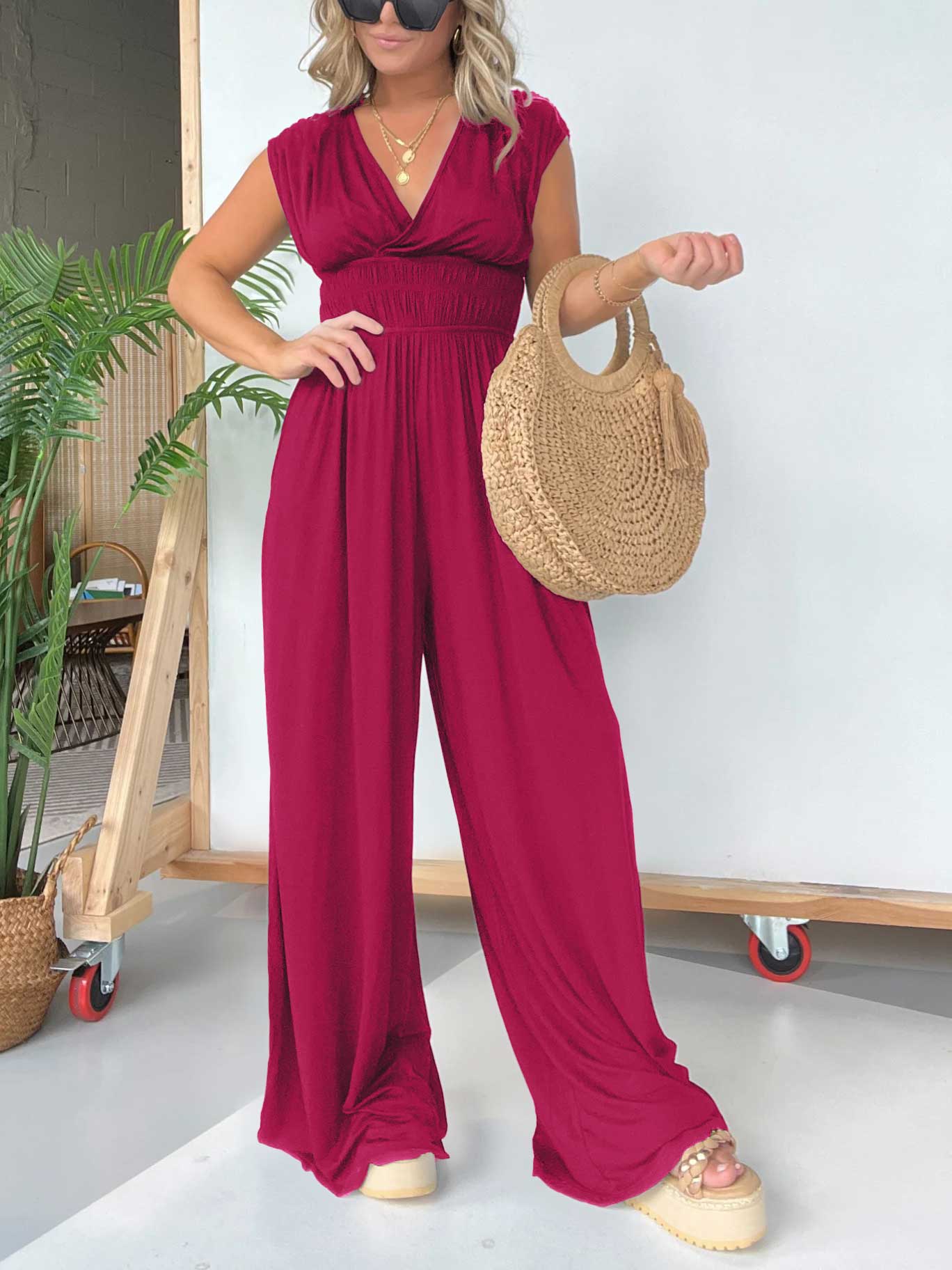 V-Neckline Wide Leg Jumpsuit with Adjustable Back Tie