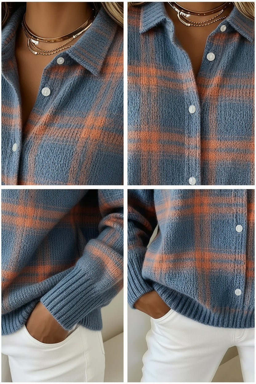 Women's Plaid Print Casual Cotton Buttoned Cardigan Sweater