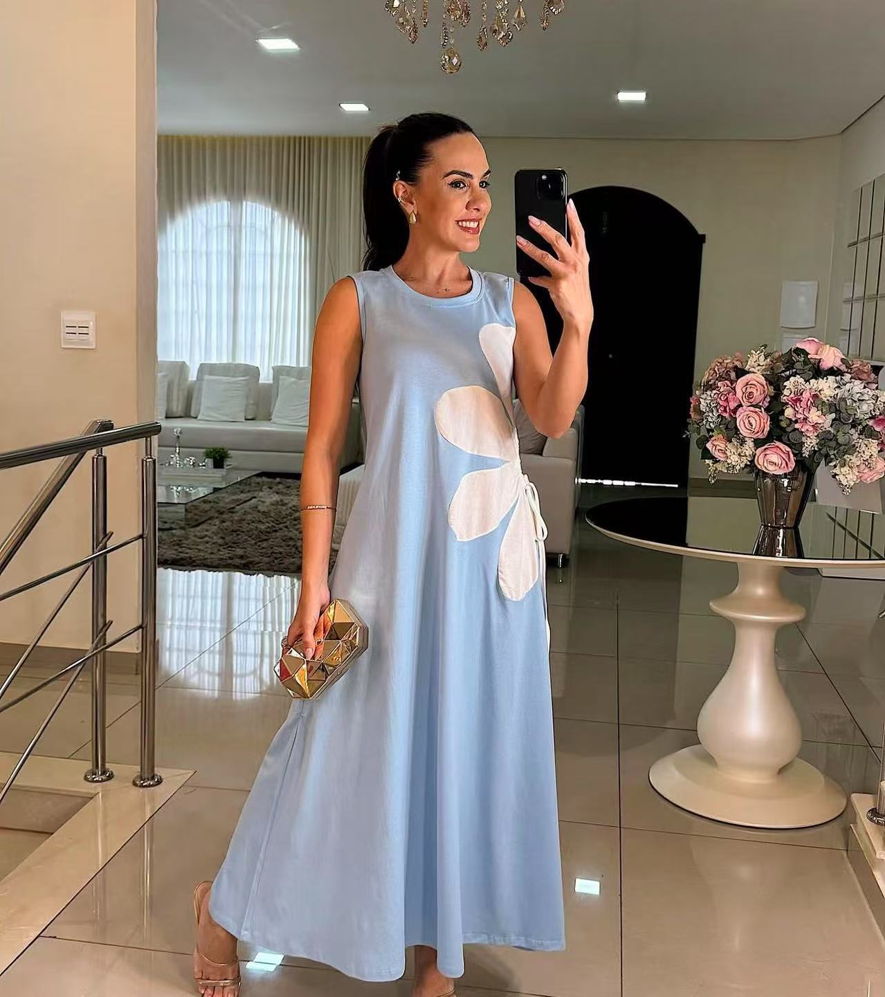 💃🌷Floral Drawstring Sleeveless Round-Neck Dress